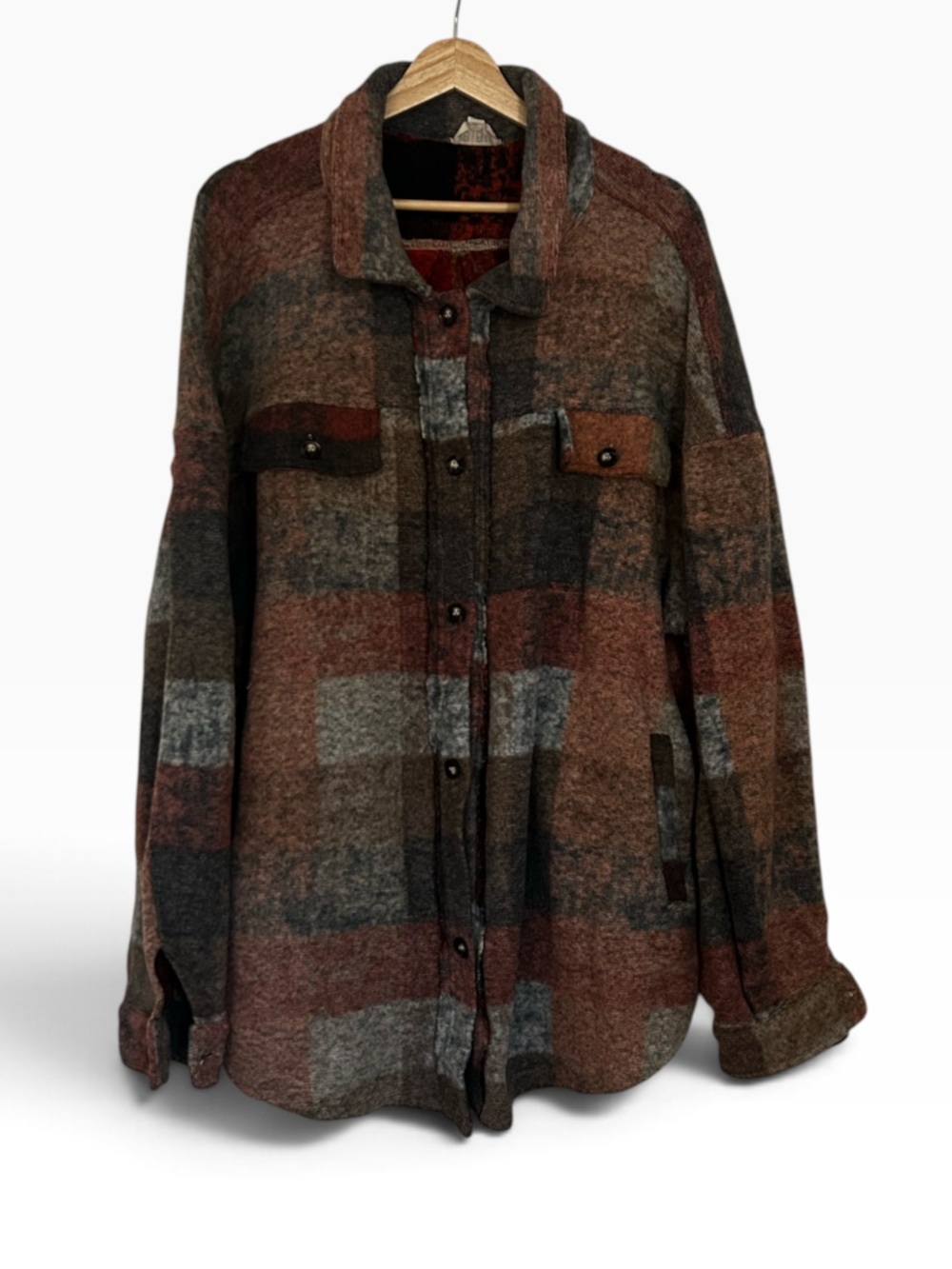 Bibi Plaid Oversized Button Down Shacket Jacket Large Brown Gray Size XL